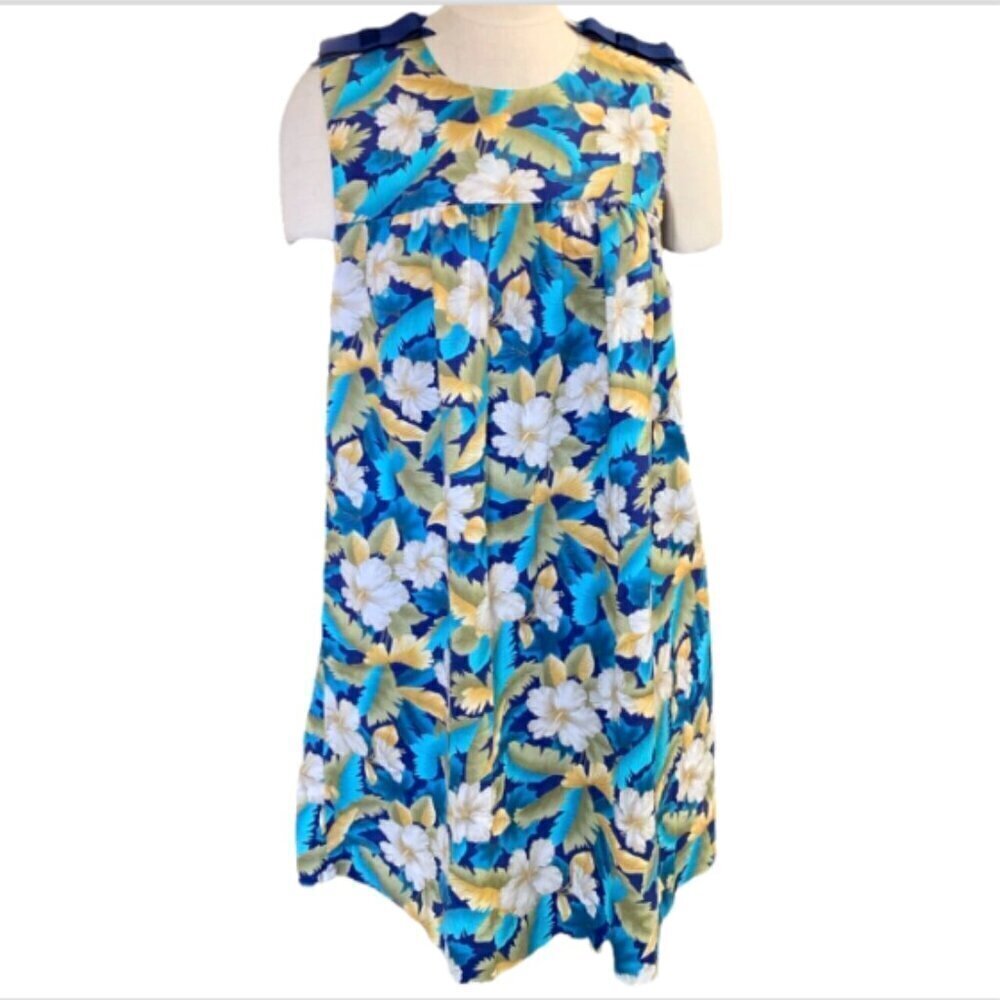 VTG Hilo Hattie Sleeveless Hawaiian‎ Shift Dress MuuMuu Ribbon Accent Sz L #30H